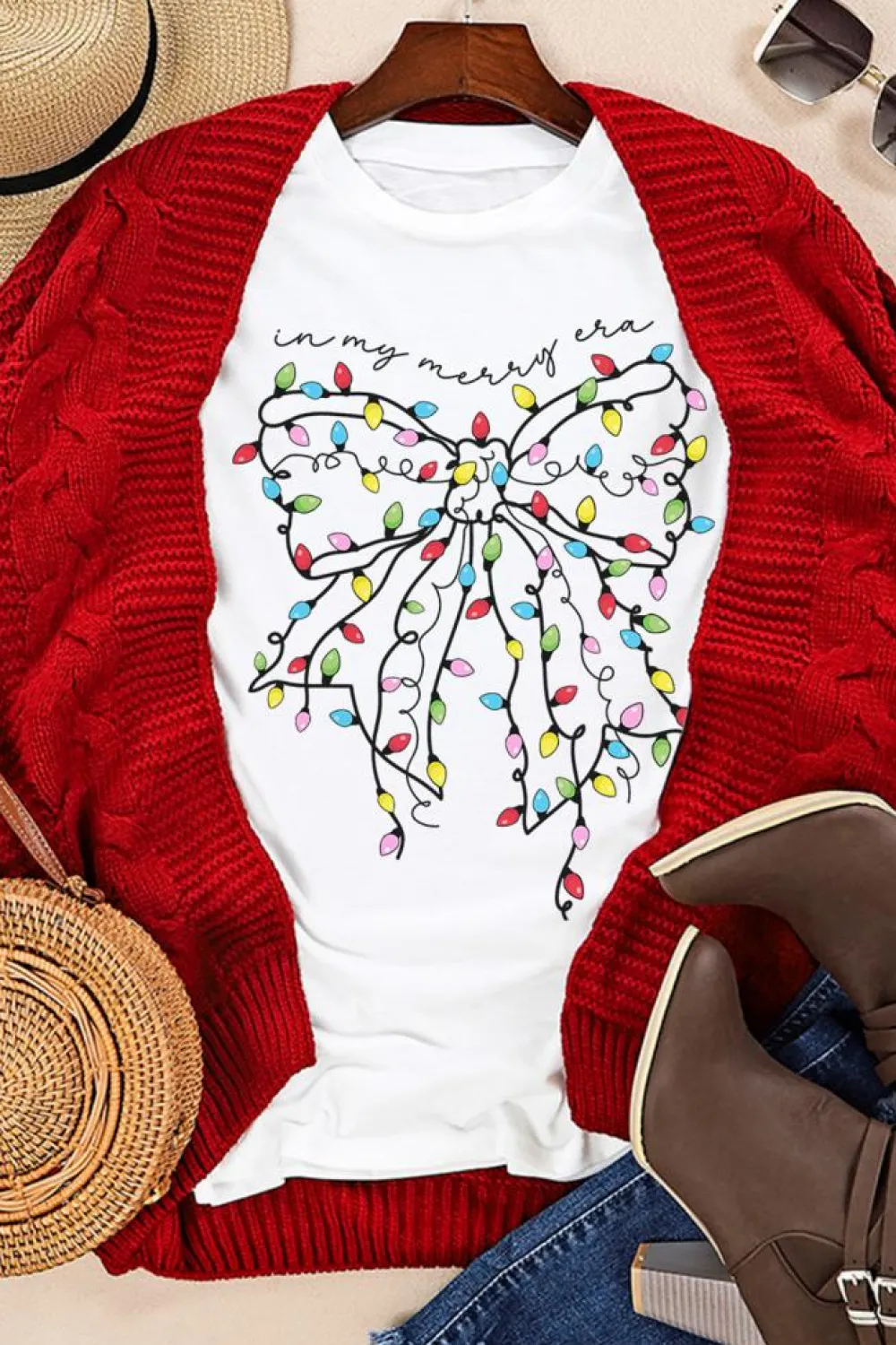 Online Dear-Lover Colored Light Bowknot Graphic Crewneck T Shirt White