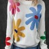 Discount Dear-Lover Colorful Big Flower Pattern Crewneck Sweater White