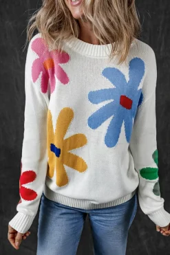 Discount Dear-Lover Colorful Big Flower Pattern Crewneck Sweater White