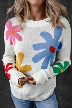 Discount Dear-Lover Colorful Big Flower Pattern Crewneck Sweater White