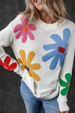 Discount Dear-Lover Colorful Big Flower Pattern Crewneck Sweater White