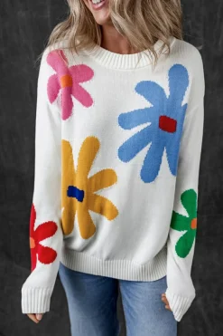 Discount Dear-Lover Colorful Big Flower Pattern Crewneck Sweater White