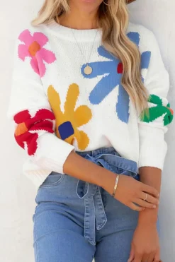 Discount Dear-Lover Colorful Big Flower Pattern Crewneck Sweater White