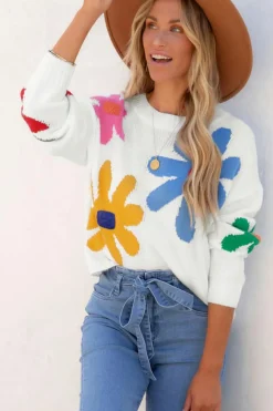 Discount Dear-Lover Colorful Big Flower Pattern Crewneck Sweater White