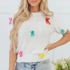 Hot Dear-Lover Colorful Bow Knit Mock Neck Short Sleeve Sweater White