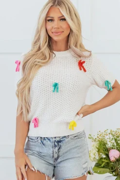 Hot Dear-Lover Colorful Bow Knit Mock Neck Short Sleeve Sweater White