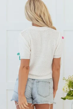 Hot Dear-Lover Colorful Bow Knit Mock Neck Short Sleeve Sweater White