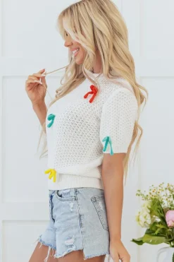 Hot Dear-Lover Colorful Bow Knit Mock Neck Short Sleeve Sweater White