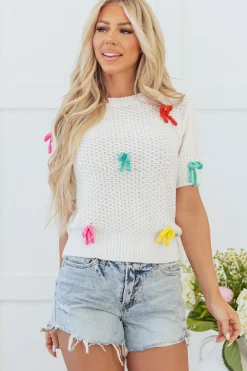 Hot Dear-Lover Colorful Bow Knit Mock Neck Short Sleeve Sweater White