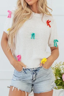 Hot Dear-Lover Colorful Bow Knit Mock Neck Short Sleeve Sweater White