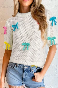 Hot Dear-Lover Colorful Bow Knit Mock Neck Short Sleeve Sweater White