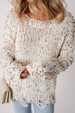 Online Dear-Lover Colorful Confetti Distressed Knit Sweater White