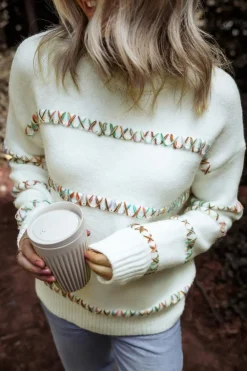 Outlet Dear-Lover Colorful Crossed Stitch Drop Shoulder Sweater White