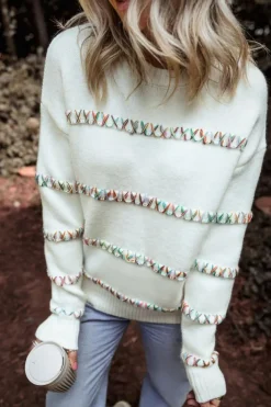 Outlet Dear-Lover Colorful Crossed Stitch Drop Shoulder Sweater White
