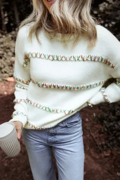 Outlet Dear-Lover Colorful Crossed Stitch Drop Shoulder Sweater White