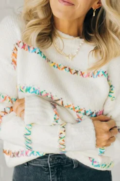 Outlet Dear-Lover Colorful Crossed Stitch Drop Shoulder Sweater White