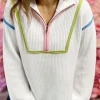 Hot Dear-Lover Colorful Edge Quarter Zip Drop Shoulder Sweater White