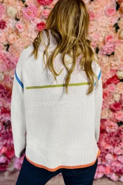 Hot Dear-Lover Colorful Edge Quarter Zip Drop Shoulder Sweater White