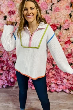 Hot Dear-Lover Colorful Edge Quarter Zip Drop Shoulder Sweater White