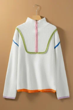 Hot Dear-Lover Colorful Edge Quarter Zip Drop Shoulder Sweater White