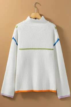 Hot Dear-Lover Colorful Edge Quarter Zip Drop Shoulder Sweater White