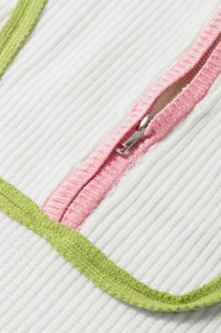 Hot Dear-Lover Colorful Edge Quarter Zip Drop Shoulder Sweater White