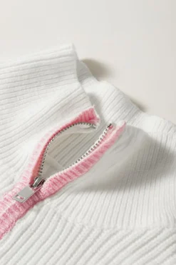 Hot Dear-Lover Colorful Edge Quarter Zip Drop Shoulder Sweater White