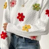 Best Dear-Lover Colorful Flower Applique Textured Knit Sweater White