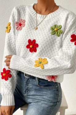 Best Dear-Lover Colorful Flower Applique Textured Knit Sweater White