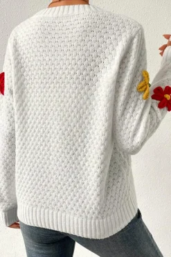 Best Dear-Lover Colorful Flower Applique Textured Knit Sweater White