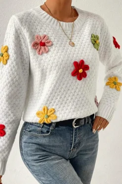 Best Dear-Lover Colorful Flower Applique Textured Knit Sweater White