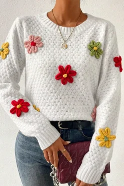 Best Dear-Lover Colorful Flower Applique Textured Knit Sweater White