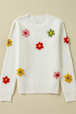 Best Dear-Lover Colorful Flower Applique Textured Knit Sweater White
