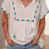Fashion Dear-Lover Colorful Fringed Detail Tassel Tie Neck Short Sleeve Blouse White
