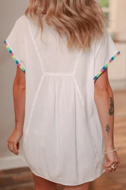 Fashion Dear-Lover Colorful Fringed Detail Tassel Tie Neck Short Sleeve Blouse White