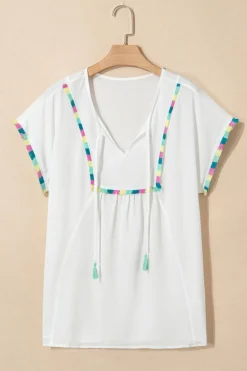 Fashion Dear-Lover Colorful Fringed Detail Tassel Tie Neck Short Sleeve Blouse White
