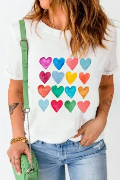 Fashion Dear-Lover Colorful Heart Shaped Print Crew Neck T Shirt White