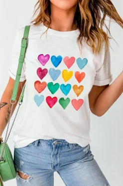 Fashion Dear-Lover Colorful Heart Shaped Print Crew Neck T Shirt White