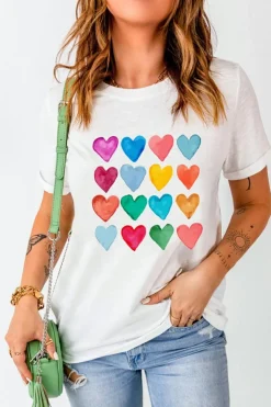 Fashion Dear-Lover Colorful Heart Shaped Print Crew Neck T Shirt White
