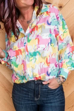 Outlet Dear-Lover Colorful Horse Printed Long Sleeve Button Up Casual Shirt White