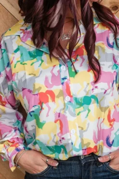 Outlet Dear-Lover Colorful Horse Printed Long Sleeve Button Up Casual Shirt White