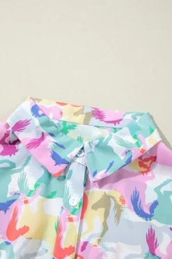 Outlet Dear-Lover Colorful Horse Printed Long Sleeve Button Up Casual Shirt White