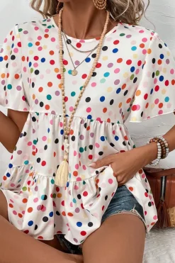 Best Dear-Lover Colorful Polka Dot Short Sleeve Tiered Ruffled Babydoll Blouse White