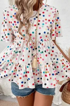 Best Dear-Lover Colorful Polka Dot Short Sleeve Tiered Ruffled Babydoll Blouse White