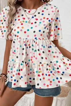 Best Dear-Lover Colorful Polka Dot Short Sleeve Tiered Ruffled Babydoll Blouse White