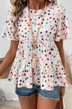 Best Dear-Lover Colorful Polka Dot Short Sleeve Tiered Ruffled Babydoll Blouse White