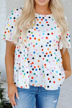 Best Dear-Lover Colorful Polka Dot Short Sleeve Tiered Ruffled Babydoll Blouse White