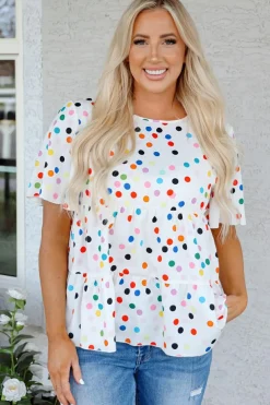 Best Dear-Lover Colorful Polka Dot Short Sleeve Tiered Ruffled Babydoll Blouse White