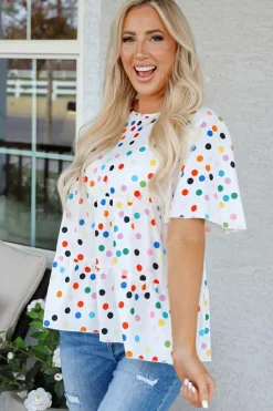 Best Dear-Lover Colorful Polka Dot Short Sleeve Tiered Ruffled Babydoll Blouse White