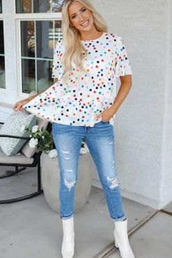 Best Dear-Lover Colorful Polka Dot Short Sleeve Tiered Ruffled Babydoll Blouse White